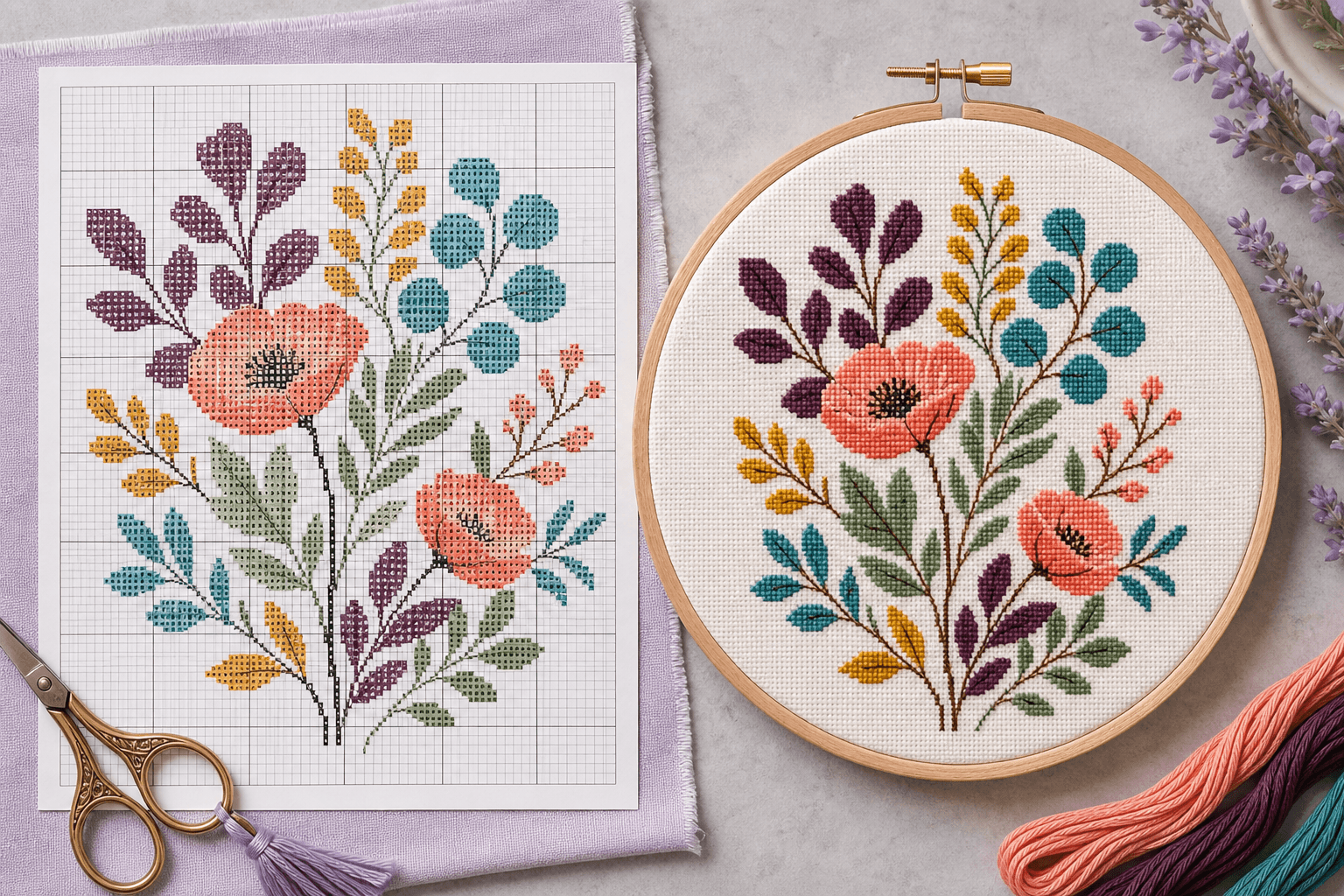 A colorful botanical cross-stitch chart beside the completed stitched design.