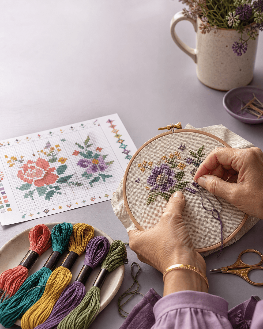 Close-up of a colorful cross-stitch chart beside a floral work in progress.
